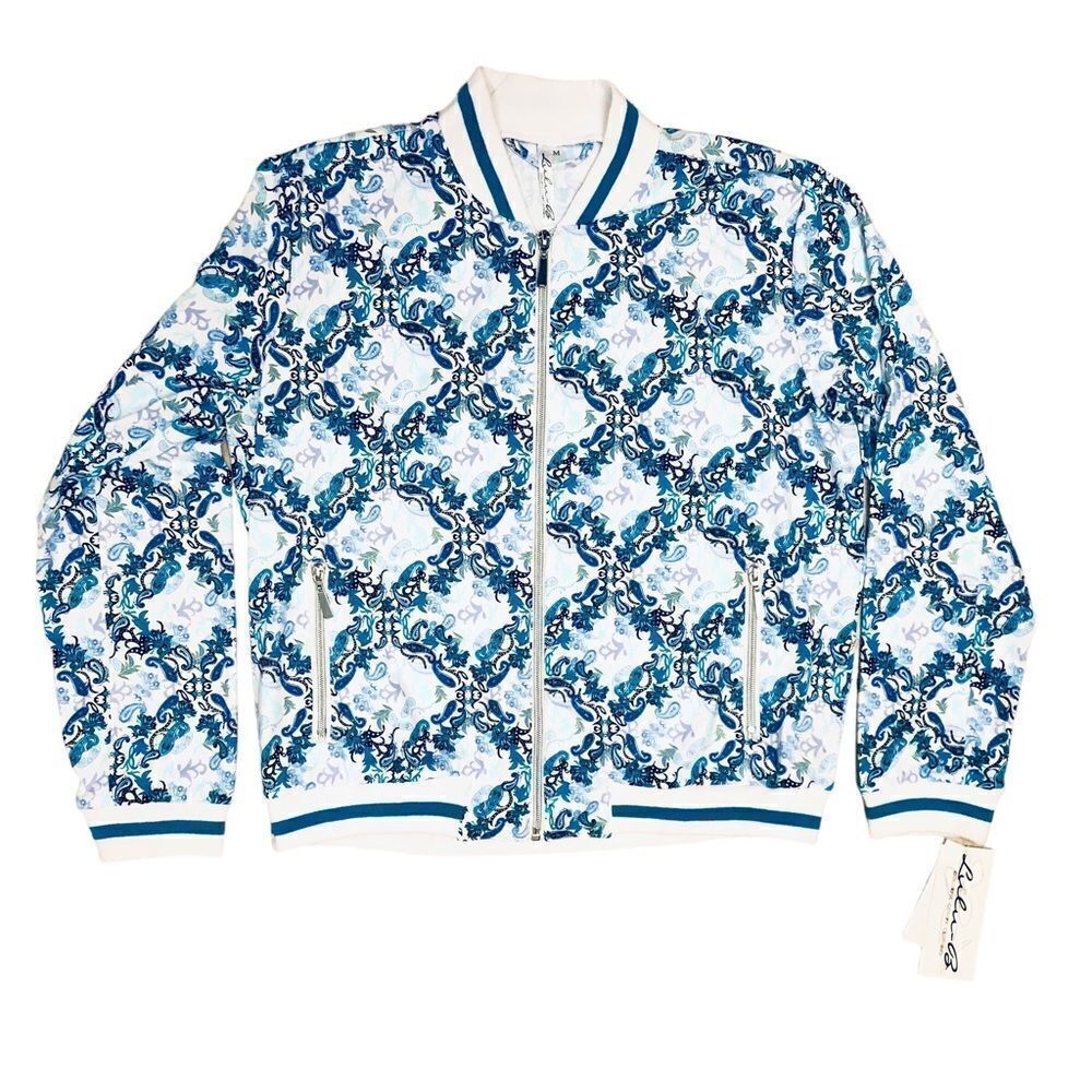 NEW Lulu-B UPF 50 Blue White Geometric Parsley Print Smooth Full Zip Jacket - Picture 2 of 13